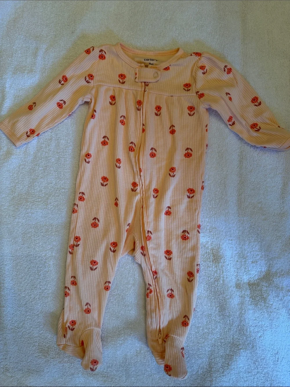 Carter's Peach Pink Floral Ribbed Footed One-Piece